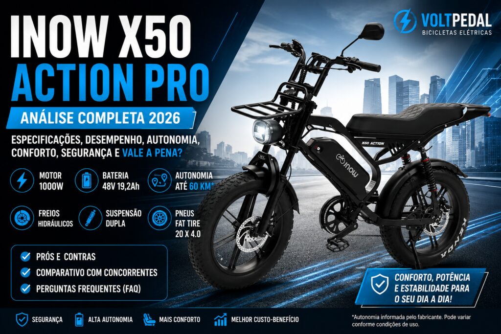 Imagem destacada da bicicleta elétrica INOW X50 Action Pro 1000W com design moderno, pneus Fat Tire e fundo em tons de azul, utilizada no review completo sobre desempenho, autonomia e especificações em 2026.