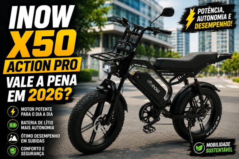 Bicicleta elétrica INOW X50 Action Pro com pneus largos, suspensão dupla e design moderno para mobilidade urbana.