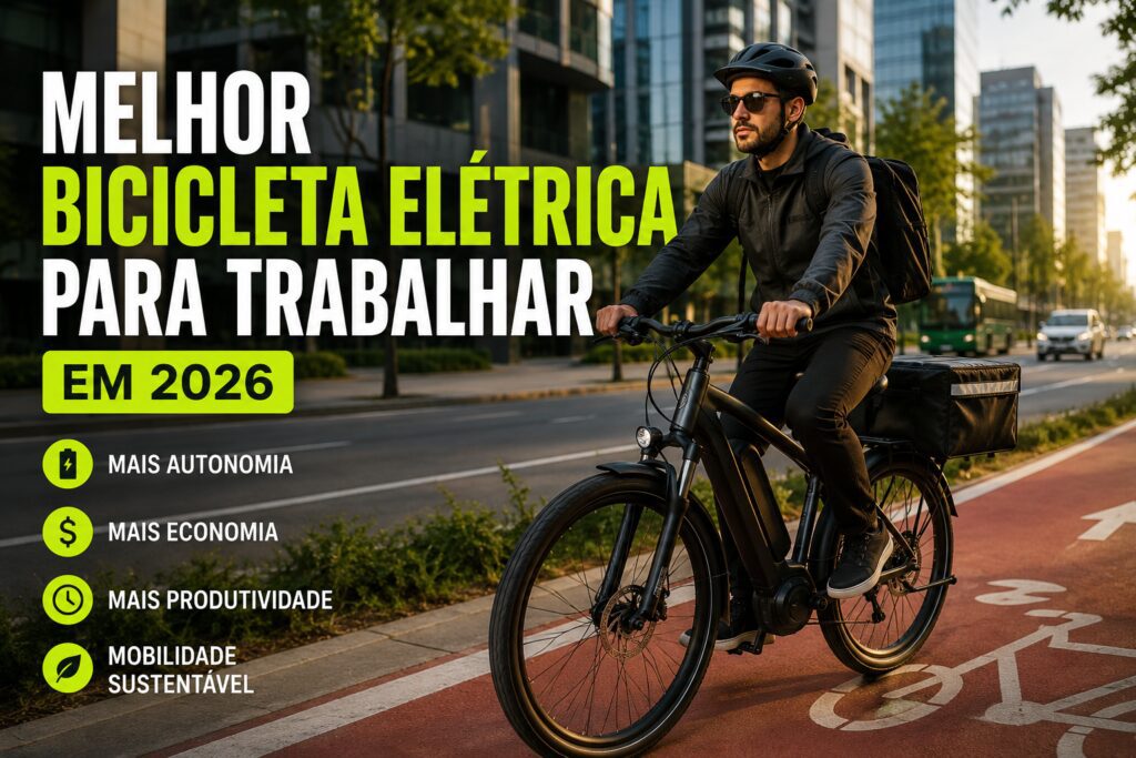Profissional utilizando bicicleta elétrica para trabalhar em ambiente urbano em 2026.