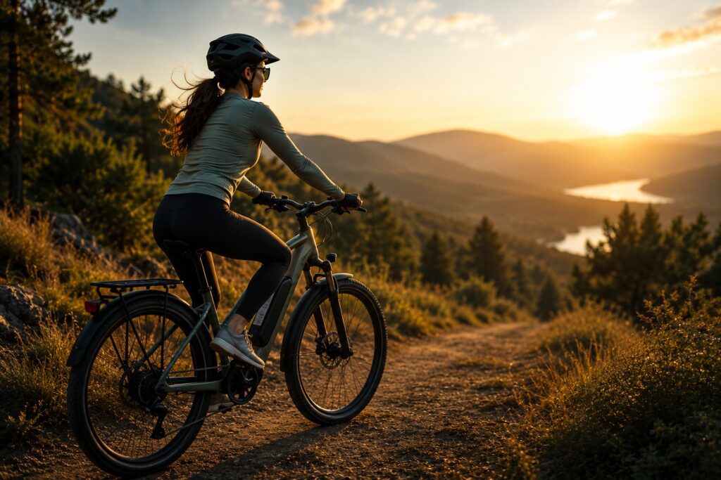 Mulher pedalando uma bicicleta elétrica em uma trilha cercada pela natureza durante o pôr do sol, com montanhas e lago ao fundo.