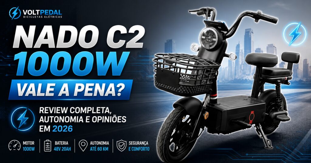 Imagem destacada da bicicleta elétrica Nado C2 1000W preta com bateria 48V 20Ah, utilizada no review completo da VoltPedal sobre autonomia, desempenho e custo-benefício em 2026.