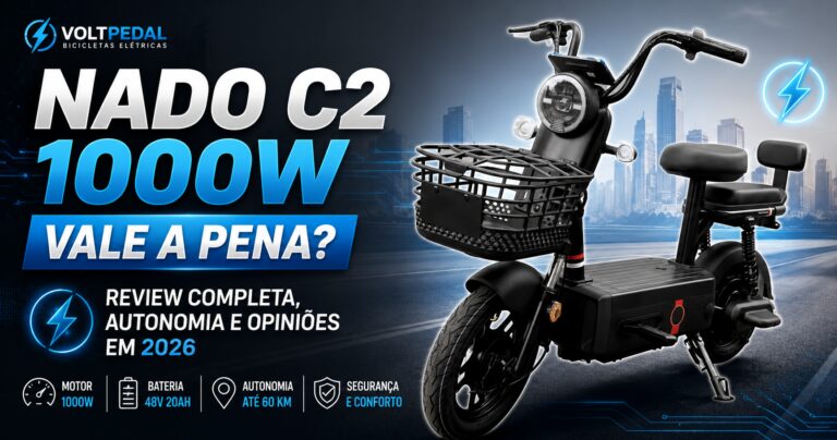 Imagem destacada da bicicleta elétrica Nado C2 1000W preta com bateria 48V 20Ah, utilizada no review completo da VoltPedal sobre autonomia, desempenho e custo-benefício em 2026.