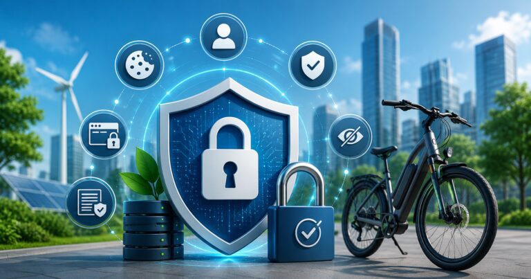 Ilustração representando segurança digital, privacidade de dados e proteção de informações no site Voltpedal sobre bicicletas elétricas.
