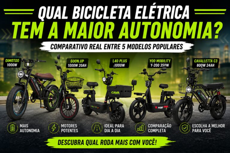 Comparativo entre as bicicletas elétricas Oimotooo, Goon.up, L40 Plus, Yoo Mobility Y-200 e Cavalletta C3 destacando autonomia, potência e principais características.