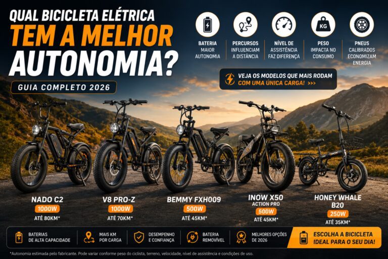 Comparativo de bicicletas elétricas mostrando modelos populares e suas autonomias estimadas, incluindo Nado C2, V8 Pro-Z, Bemmy FXH009, INOW X50 Action Pro e Honey Whale B20.