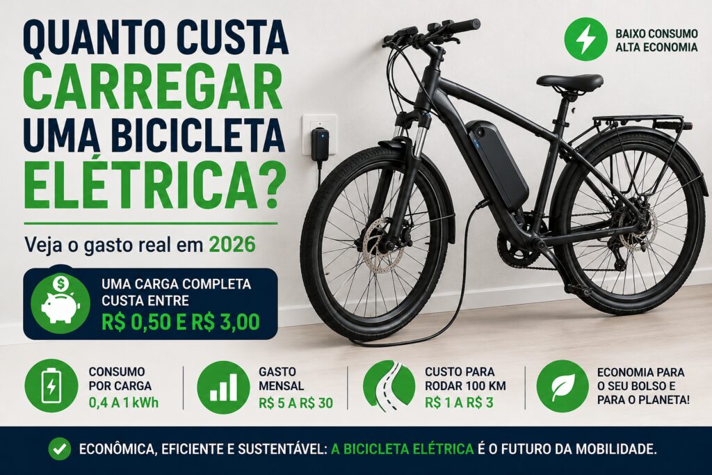Homem carregando bicicleta elétrica na tomada enquanto verifica o baixo consumo de energia.