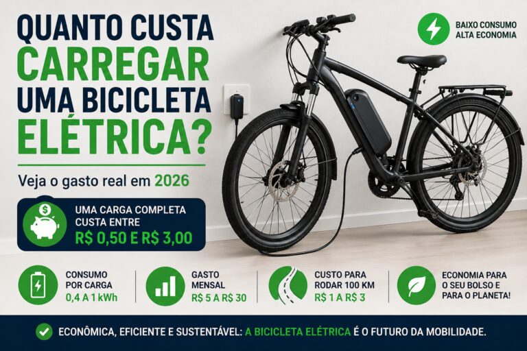 Homem carregando bicicleta elétrica na tomada enquanto verifica o baixo consumo de energia.