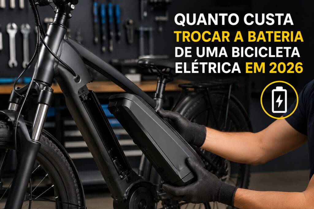 Bateria removível de bicicleta elétrica ao lado de uma e-bike moderna ilustrando custos de substituição e manutenção