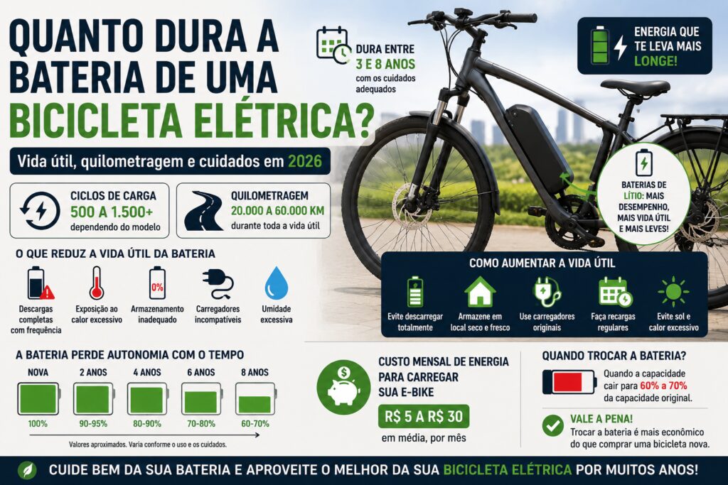 Bicicleta elétrica com destaque para a bateria de lítio e informações sobre vida útil, ciclos de carga e autonomia.