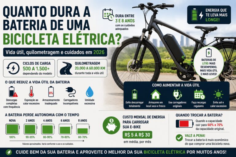 Bicicleta elétrica com destaque para a bateria de lítio e informações sobre vida útil, ciclos de carga e autonomia.