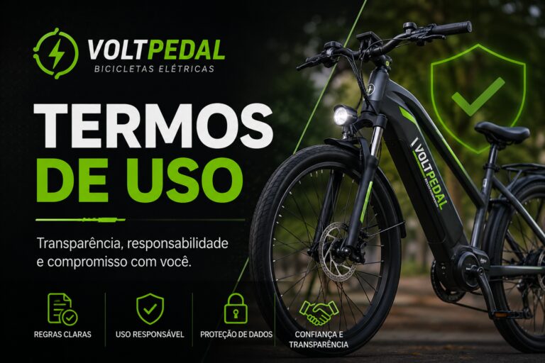 Bicicleta elétrica com elementos visuais de segurança e transparência representando os Termos de Uso do site Voltpedal.