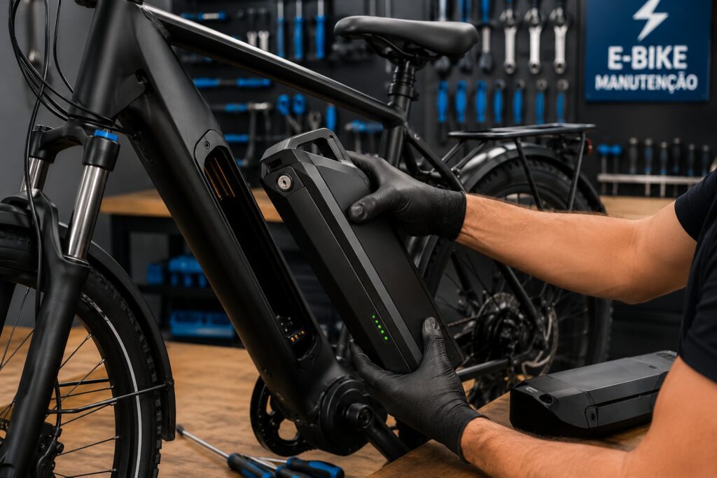 Técnico realizando a substituição da bateria de uma bicicleta elétrica em oficina especializada
