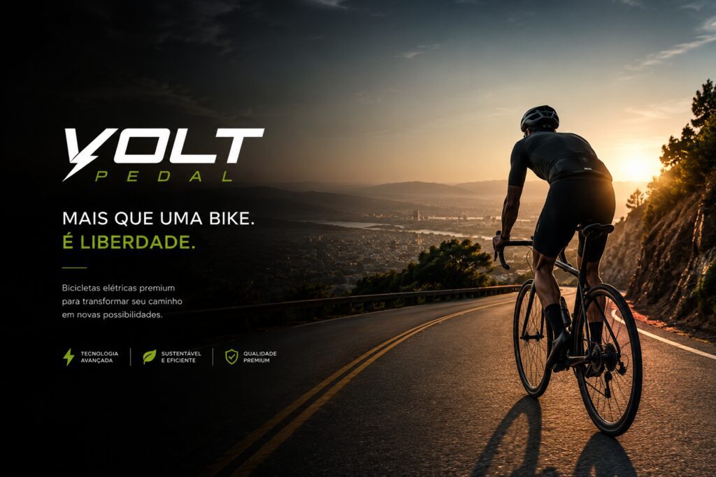 Ciclista pedalando uma bicicleta elétrica em uma estrada ao pôr do sol, representando liberdade, mobilidade sustentável e tecnologia.