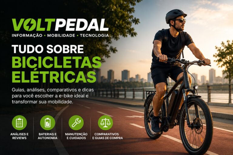 Ciclista utilizando bicicleta elétrica em área urbana representando mobilidade sustentável, tecnologia e informações sobre e-bikes no portal Voltpedal.