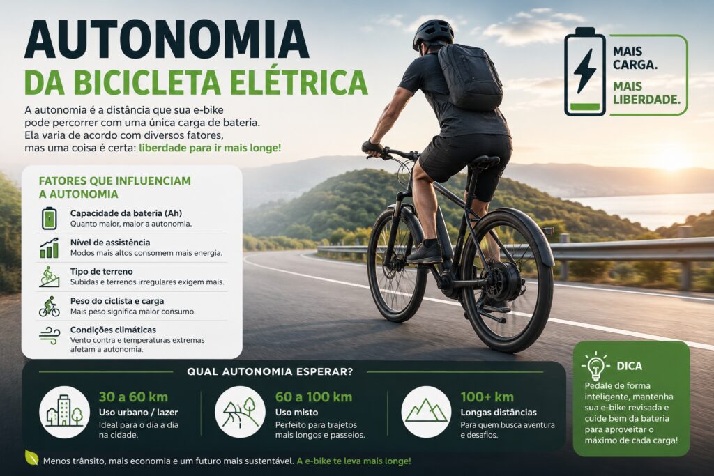 Ciclista pedalando uma bicicleta elétrica em estrada panorâmica ilustrando a autonomia da bateria e os fatores que influenciam a distância percorrida por uma e-bike.