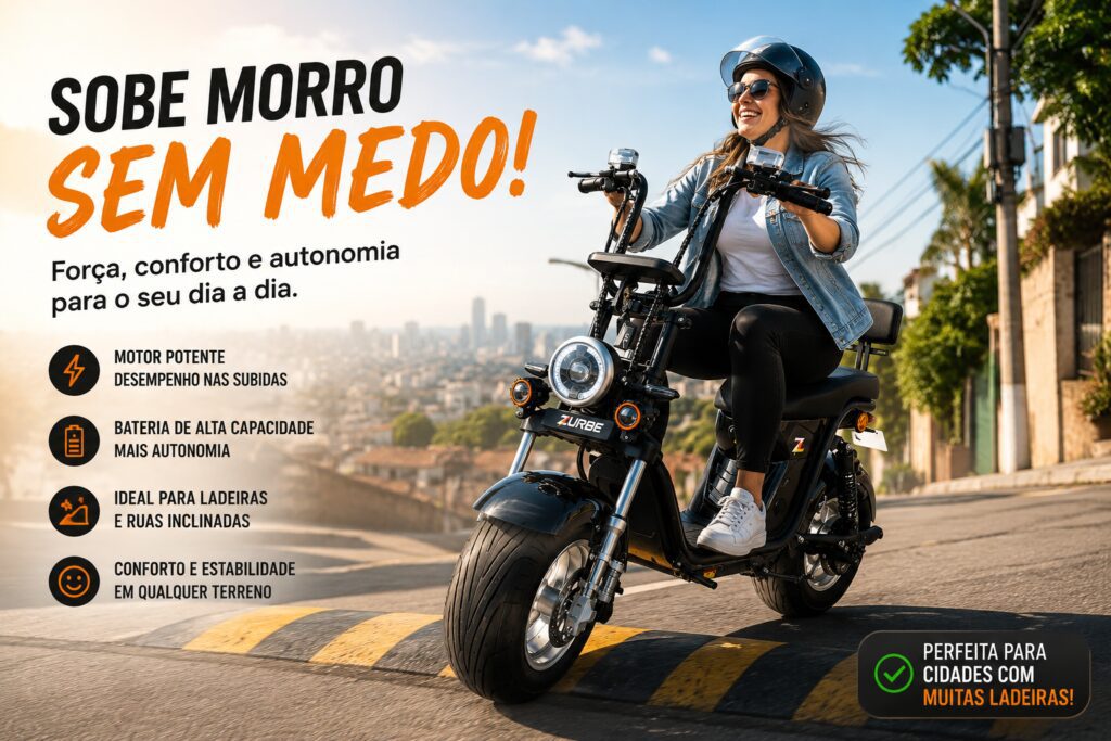 Mulher sorrindo enquanto sobe uma ladeira com uma scooter elétrica preta, demonstrando o desempenho, conforto e potência do veículo em ruas inclinadas.