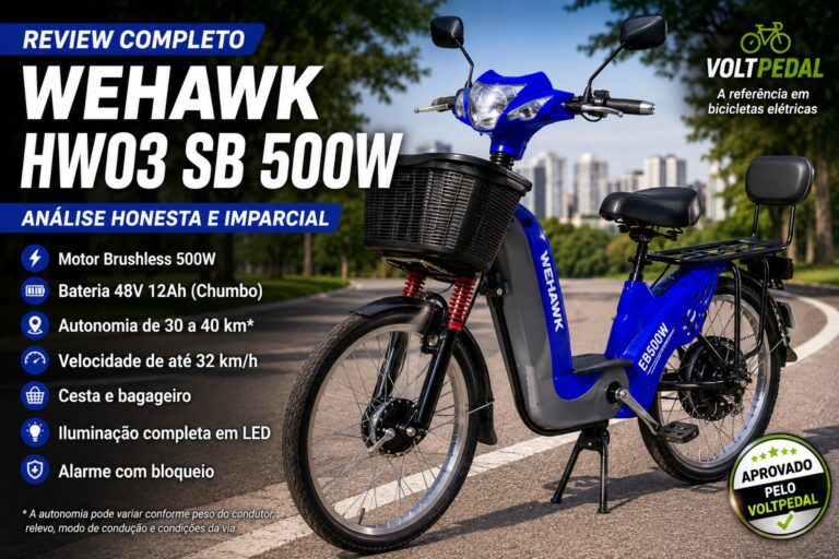 Bicicleta Elétrica WeHawk HW03 SB 500W azul com motor Brushless de 500W, bateria 48V 12Ah e cesta dianteira em review completo do VoltPedal.