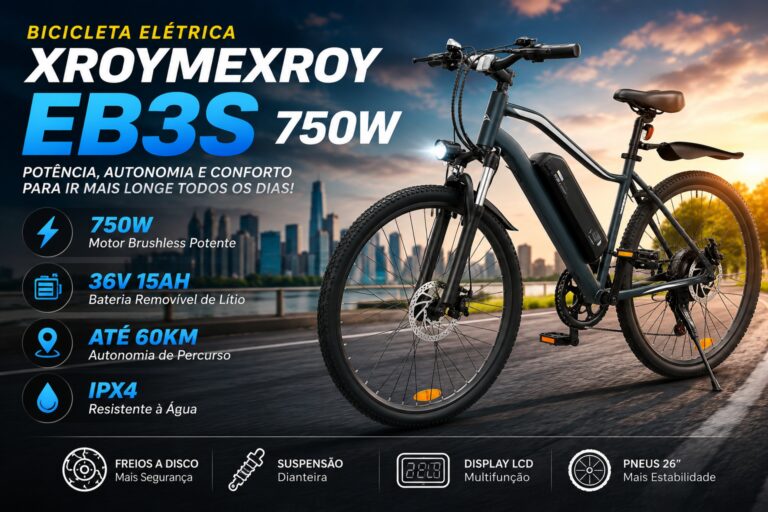 Bicicleta elétrica Xroymexroy EB3S 750W cinza com bateria removível 36V 15Ah, freios a disco, suspensão dianteira e autonomia de até 60 km.