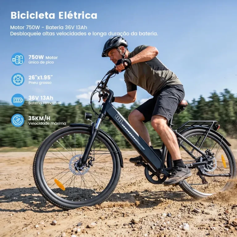Ciclista utilizando a bicicleta elétrica XroymeXroy UCITYS 750W com bateria removível, motor brushless, rodas aro 26 e pneus 26x1,95 em trajeto urbano.