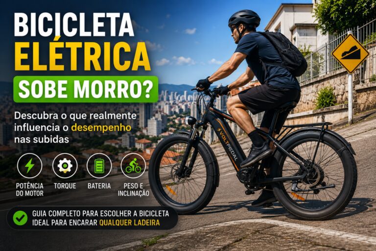 Bicicleta elétrica subindo morro em área urbana mostrando o desempenho do motor em uma ladeira.