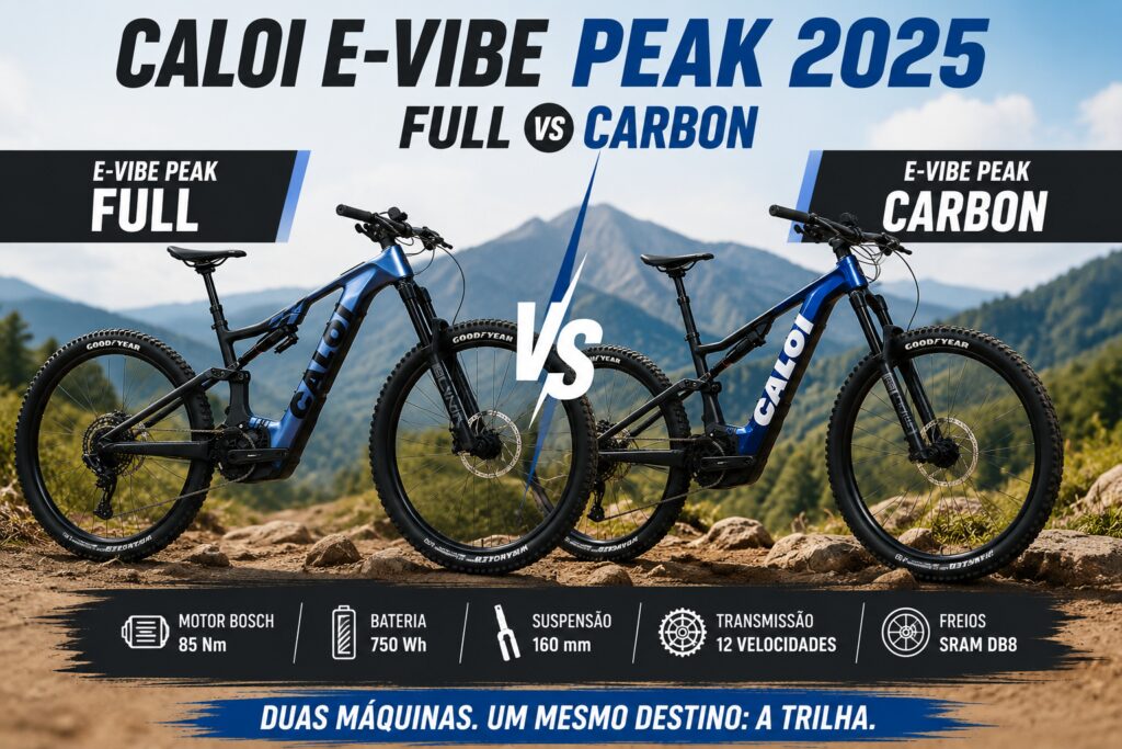 Comparativo entre as bicicletas elétricas Caloi E-Vibe Peak Full e Caloi E-Vibe Peak Carbon 2025, destacando diferenças em quadro, motor Bosch, suspensão, transmissão e desempenho para trilhas.