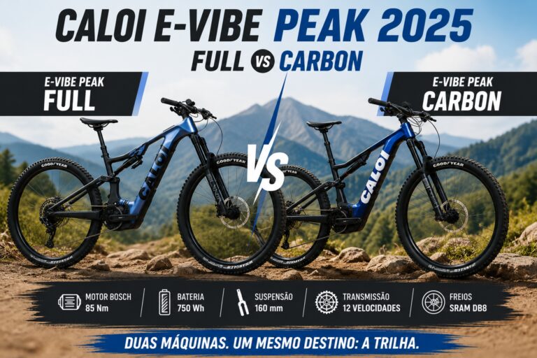 Comparativo entre as bicicletas elétricas Caloi E-Vibe Peak Full e Caloi E-Vibe Peak Carbon 2025, destacando diferenças em quadro, motor Bosch, suspensão, transmissão e desempenho para trilhas.
