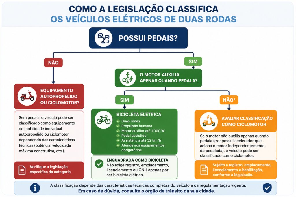 Infográfico explicando como a legislação brasileira classifica bicicletas elétricas, ciclomotores e equipamentos de mobilidade individual, indicando quando um veículo pode ser considerado bicicleta elétrica ou ciclomotor.