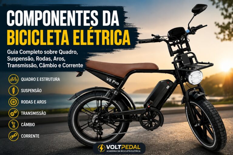 Bicicleta elétrica V8 Pro ilustrando os principais componentes, como quadro, suspensão, rodas, aros, transmissão, câmbio e corrente, em guia completo do VoltPedal.