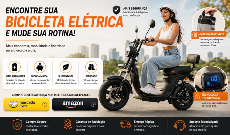 Banner da VoltPedal mostrando bicicleta elétrica com bateria removível e chamada para comprar bicicletas elétricas com segurança no Mercado Livre e Amazon.