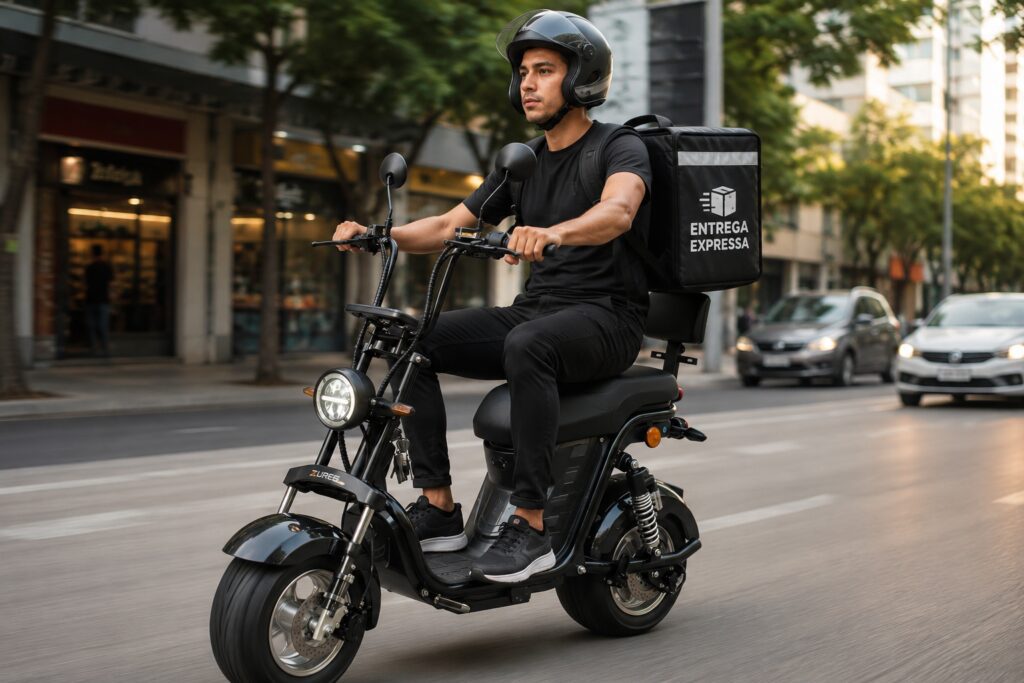 Jovem entregador pilotando uma bicicleta elétrica em área urbana, representando a mobilidade sustentável e o programa Move Brasil para financiamento de bicicletas elétricas.