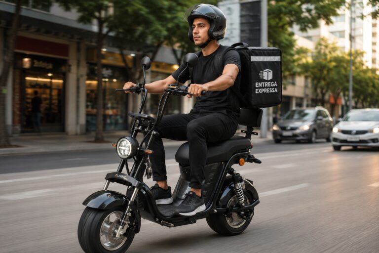 Jovem entregador pilotando uma bicicleta elétrica em área urbana, representando a mobilidade sustentável e o programa Move Brasil para financiamento de bicicletas elétricas.