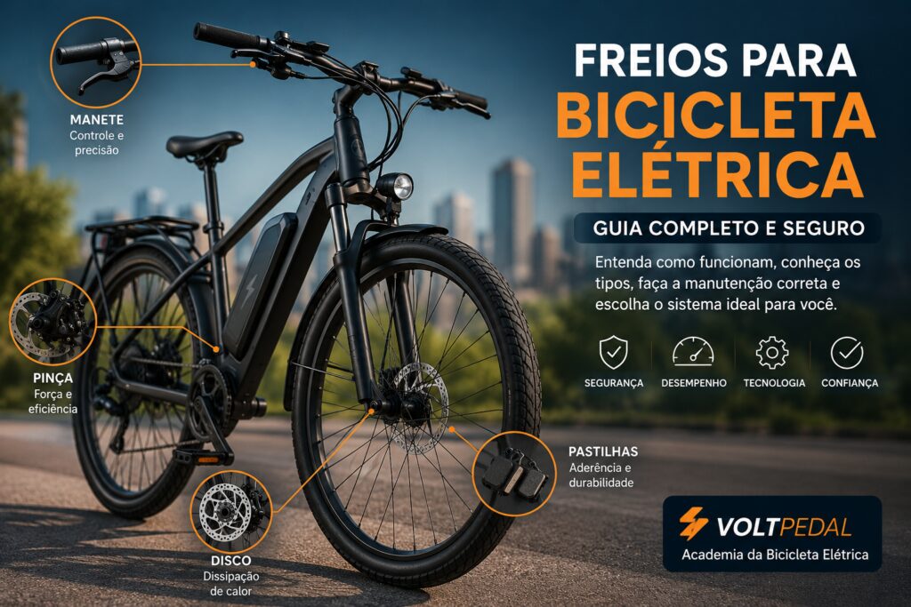 Bicicleta elétrica moderna equipada com freios a disco hidráulicos, destacando rotor, pinça, manete e pastilhas em um guia ilustrado sobre sistemas de frenagem.