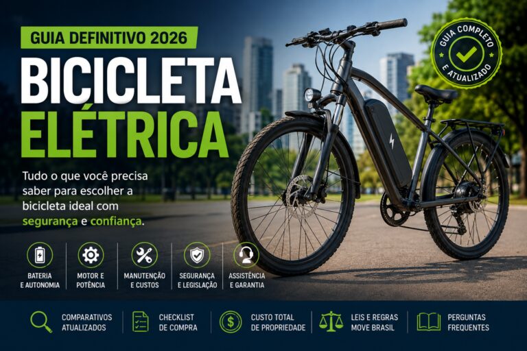 Pessoa analisando uma bicicleta elétrica moderna em ambiente urbano, representando o guia completo para escolher uma bicicleta elétrica em 2026 com foco em autonomia, bateria, motor, segurança, assistência técnica e custo-benefício.