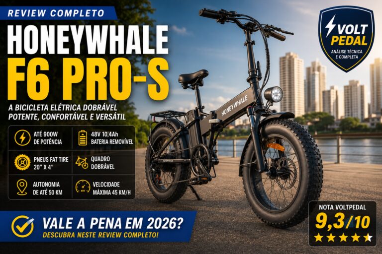 Bicicleta elétrica Honeywhale F6 Pro-S dobrável com motor de até 900W, bateria removível 48V 10,4Ah, pneus Fat Tire aro 20 e autonomia de até 50 km.
