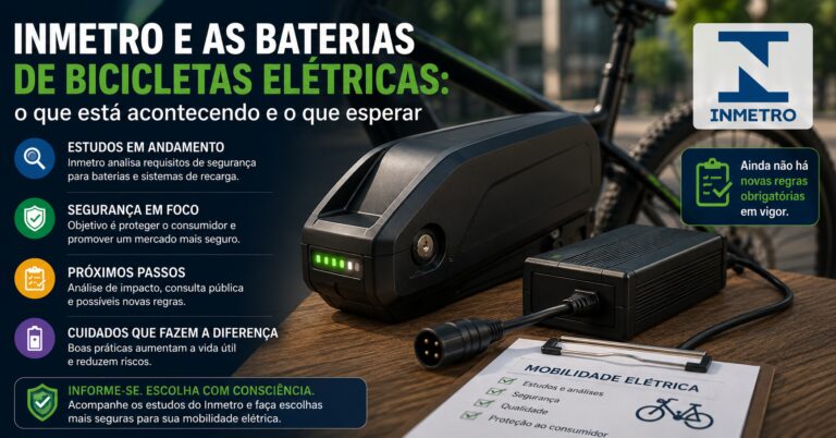 Bateria removível e carregador de bicicleta elétrica em destaque, representando os estudos do Inmetro sobre segurança, certificação e possíveis novas regras para baterias e sistemas de recarga no Brasil.