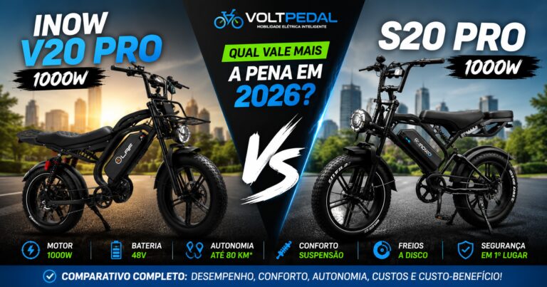 Comparativo entre as bicicletas elétricas Inow V20 Pro 1000W e S20 Pro 1000W, destacando diferenças em design, motor, bateria, autonomia, conforto, freios e custo-benefício.