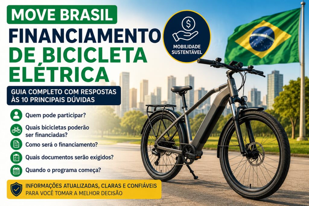 Bicicleta elétrica em destaque com a bandeira do Brasil ao fundo, representando o programa MOVE Brasil e um guia com as principais dúvidas sobre o financiamento de bicicletas elétricas.