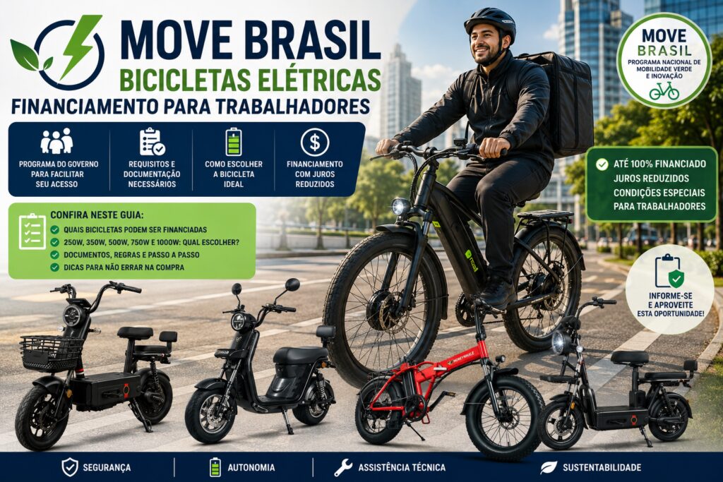 Ilustração com diferentes modelos de bicicletas elétricas e scooters elétricas representando o programa MOVE Brasil e as opções de mobilidade elétrica para financiamento no Brasil.