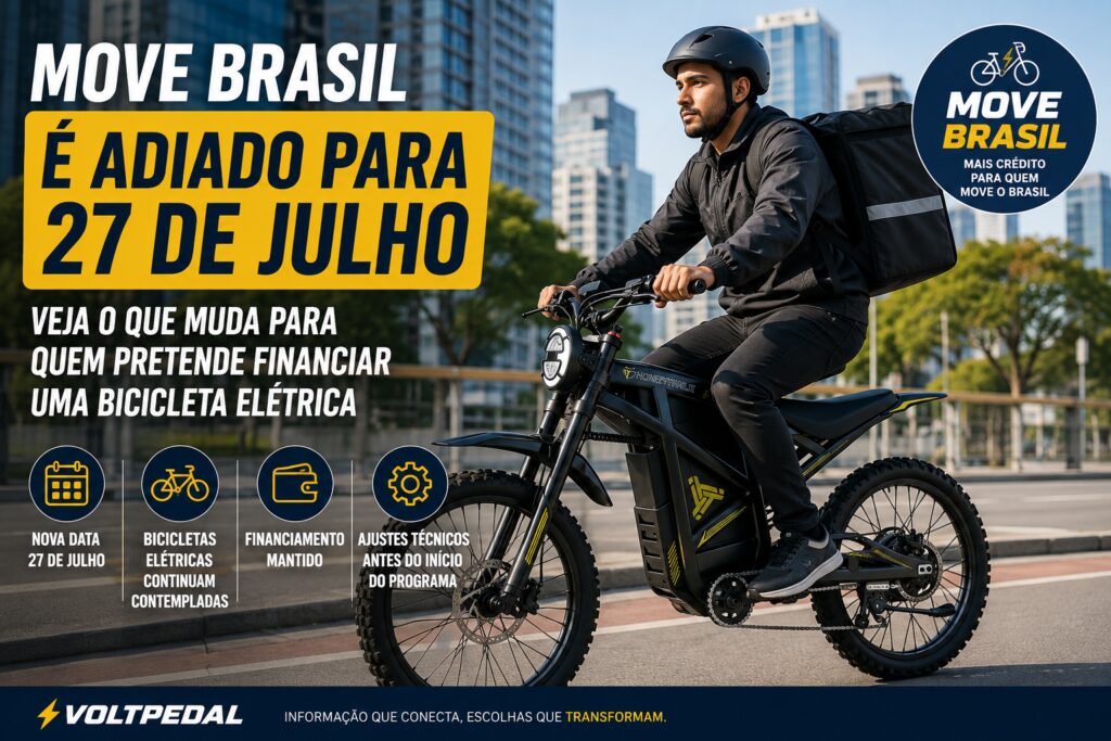 Entregador utilizando bicicleta elétrica enquanto consulta informações sobre o adiamento do programa Move Brasil.