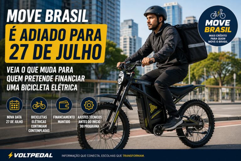 Entregador utilizando bicicleta elétrica enquanto consulta informações sobre o adiamento do programa Move Brasil.