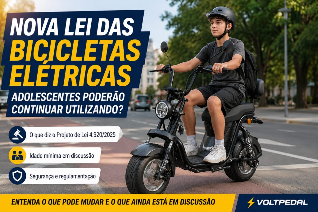 Adolescente conduzindo uma bicicleta elétrica urbana enquanto representa a discussão sobre o Projeto de Lei que pode alterar as regras para o uso de bicicletas elétricas por menores de idade no Brasil.