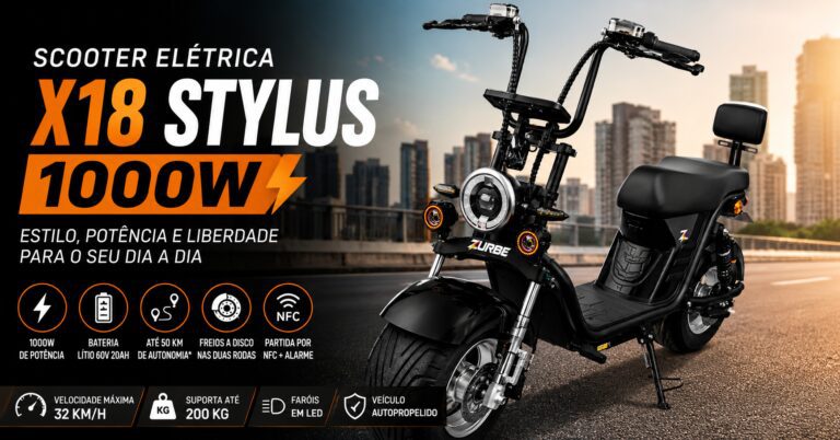 Scooter Elétrica X18 Stylus 1000W preta com bateria de lítio 60V 20Ah, motor de 1000W, freios a disco e farol em LED para mobilidade urbana.