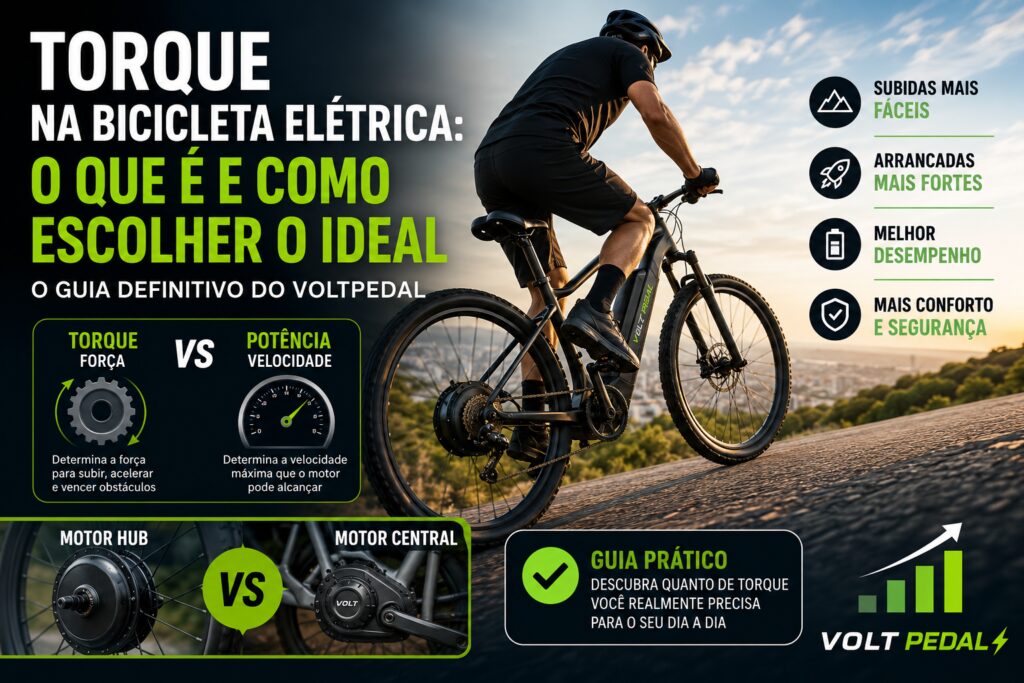 Ciclista subindo uma ladeira com bicicleta elétrica ilustrando a importância do torque do motor, comparativo entre torque e potência e diferenças entre motor Hub e motor Central.