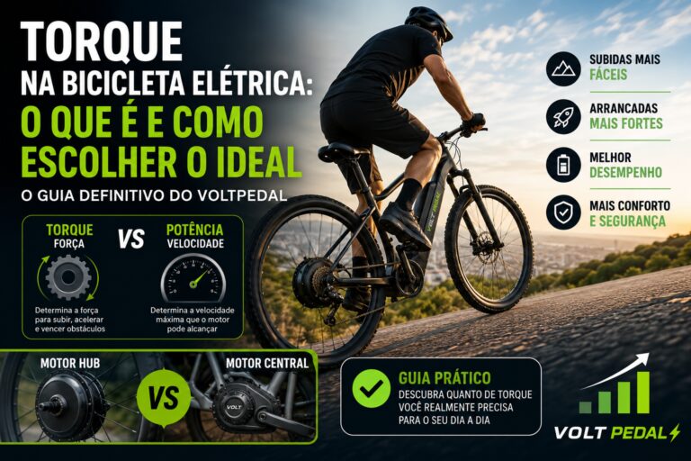 Ciclista subindo uma ladeira com bicicleta elétrica ilustrando a importância do torque do motor, comparativo entre torque e potência e diferenças entre motor Hub e motor Central.