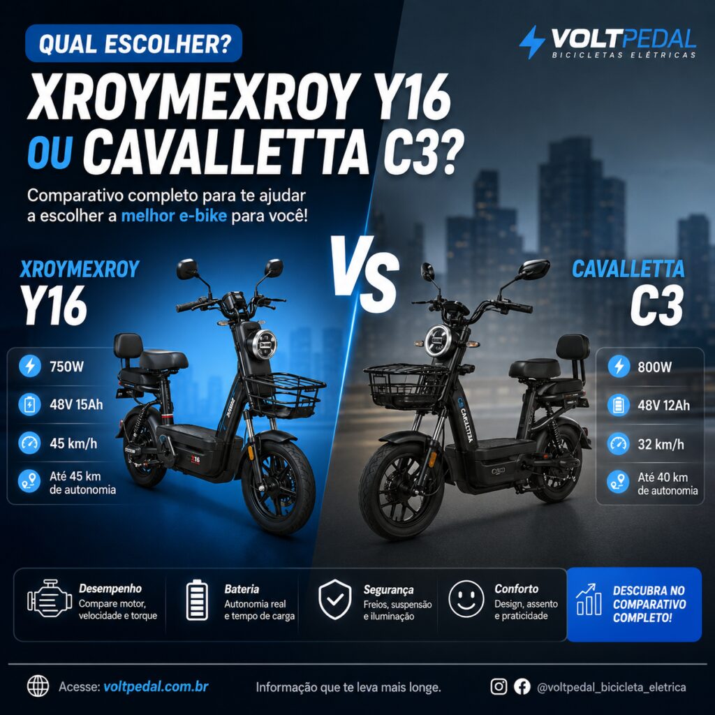 Arte comparando as bicicletas elétricas Xroymexroy Y16 e Cavalletta C3, destacando motor, bateria, autonomia, velocidade e principais diferenças para ajudar na escolha do melhor modelo.