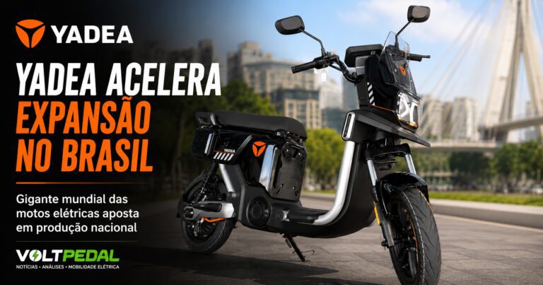 Scooter elétrica Yadea em destaque durante anúncio da expansão da marca no Brasil com produção nacional e ampliação da rede de concessionárias.