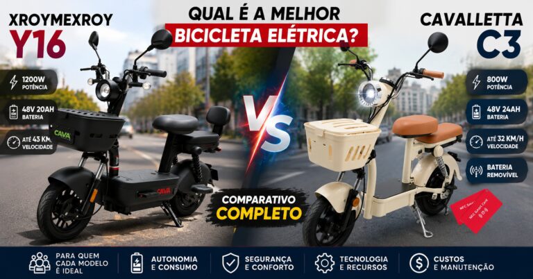 Comparativo entre as bicicletas elétricas Xroymexroy Y16 e Cavalletta C3, destacando potência, bateria, autonomia, recursos e custo-benefício para mobilidade urbana.